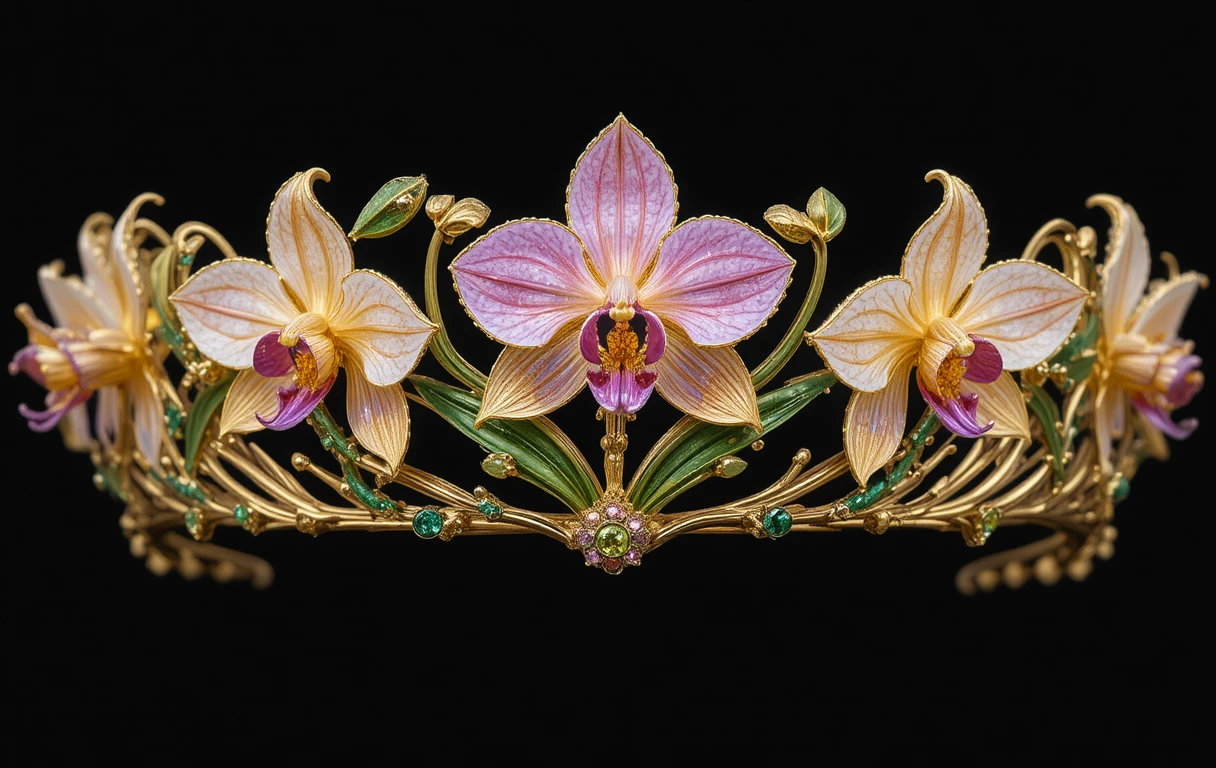 Goldene Tiara mit Edelstein-Orchideen vor schwarzem Hintergrund