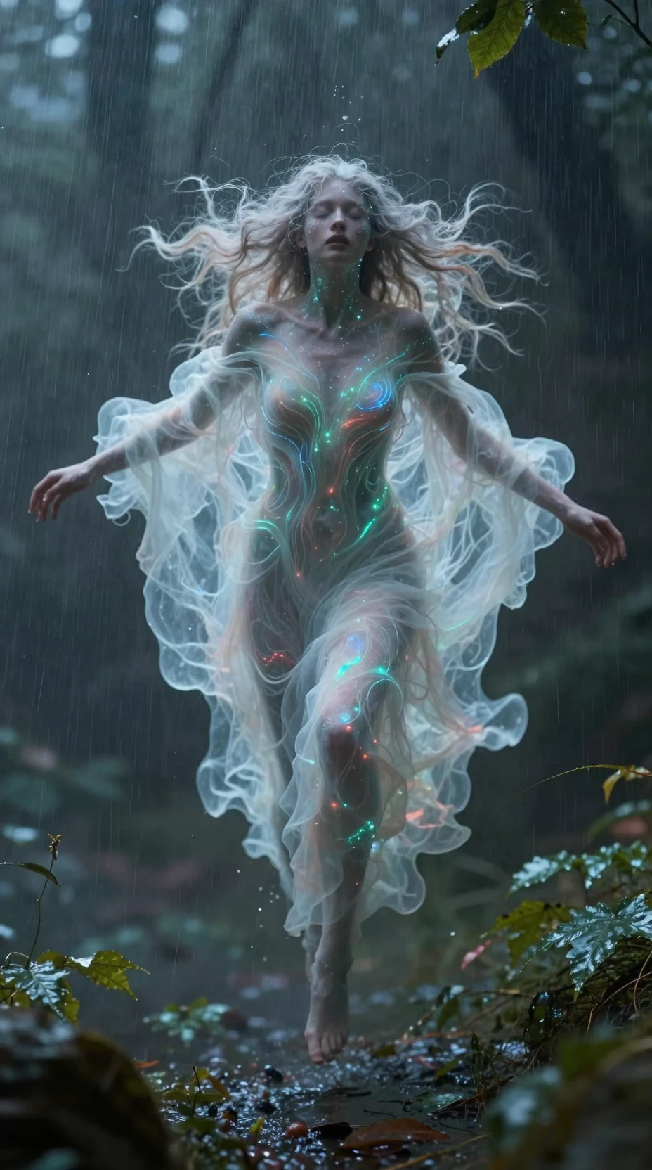 Ethereal fantasy figure drifting through glowing rain