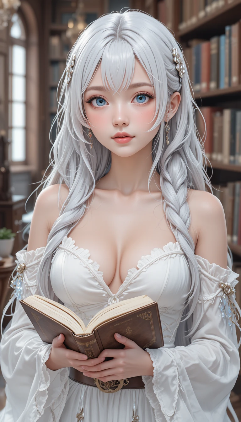 Garota de anime de cabelo branco com cajado em uma biblioteca silenciosa