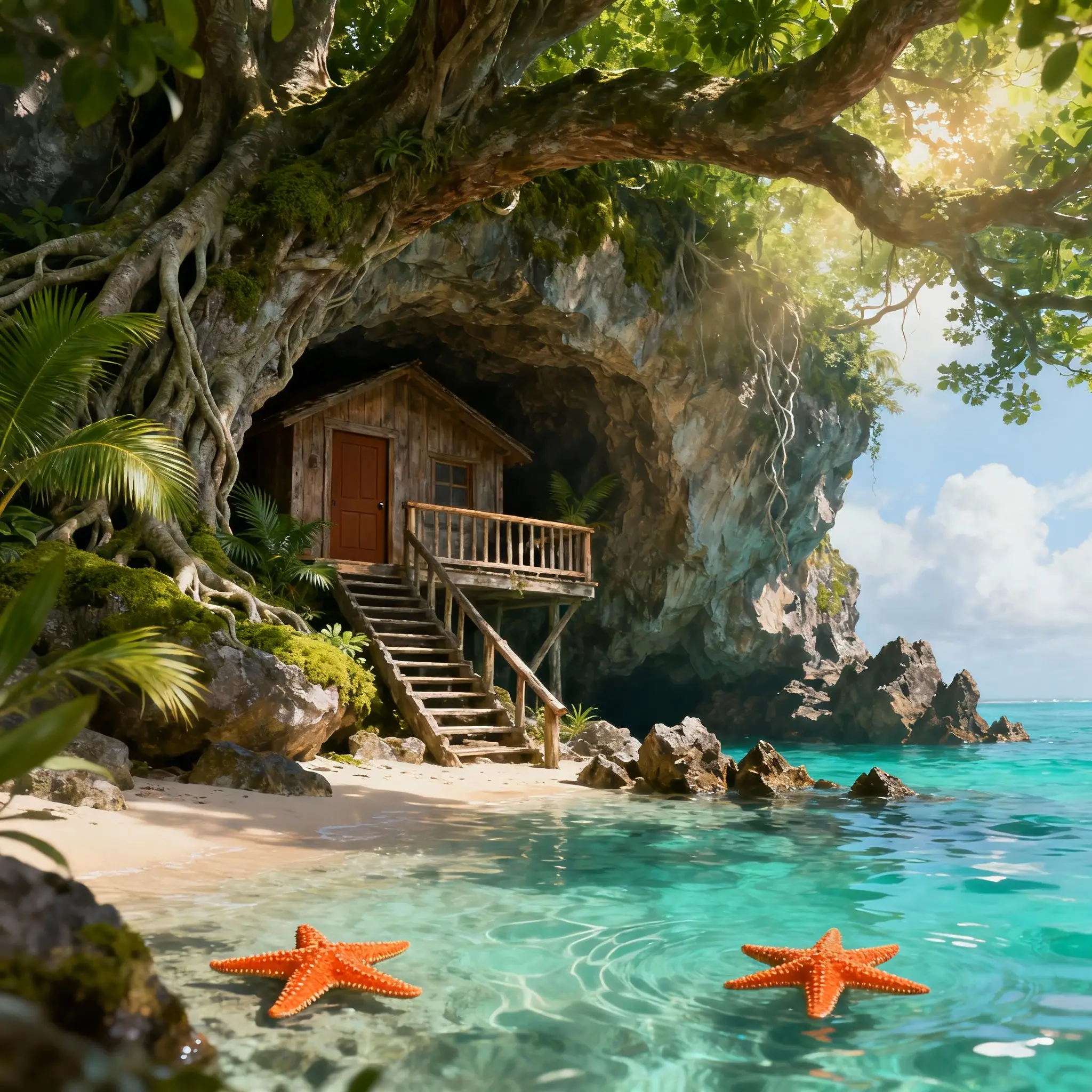 Capanna tropicale isolata sulla scogliera sopra acque turchesi