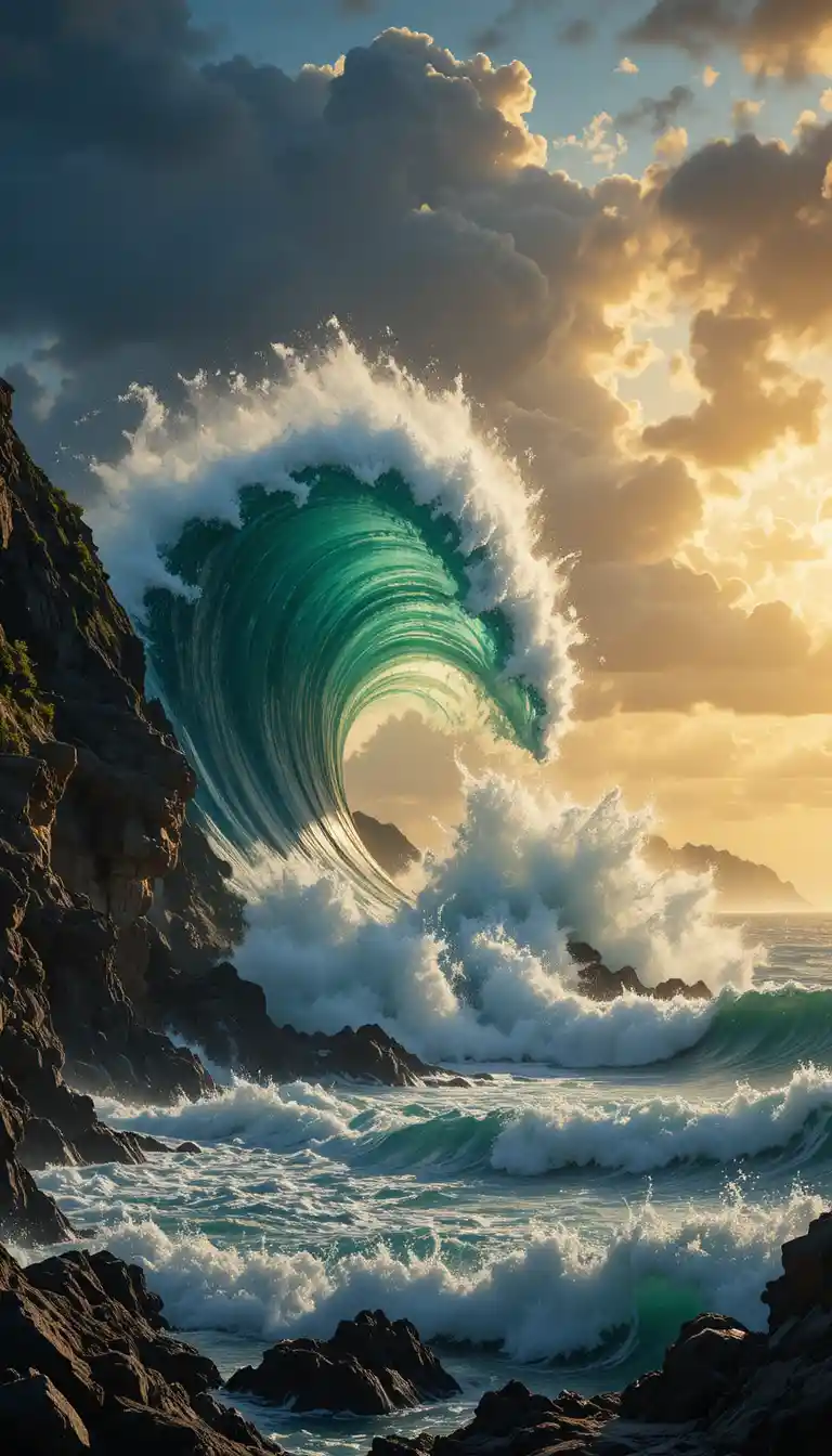 巨型流浪巨浪撞擊陽光照耀的海蝕懸崖