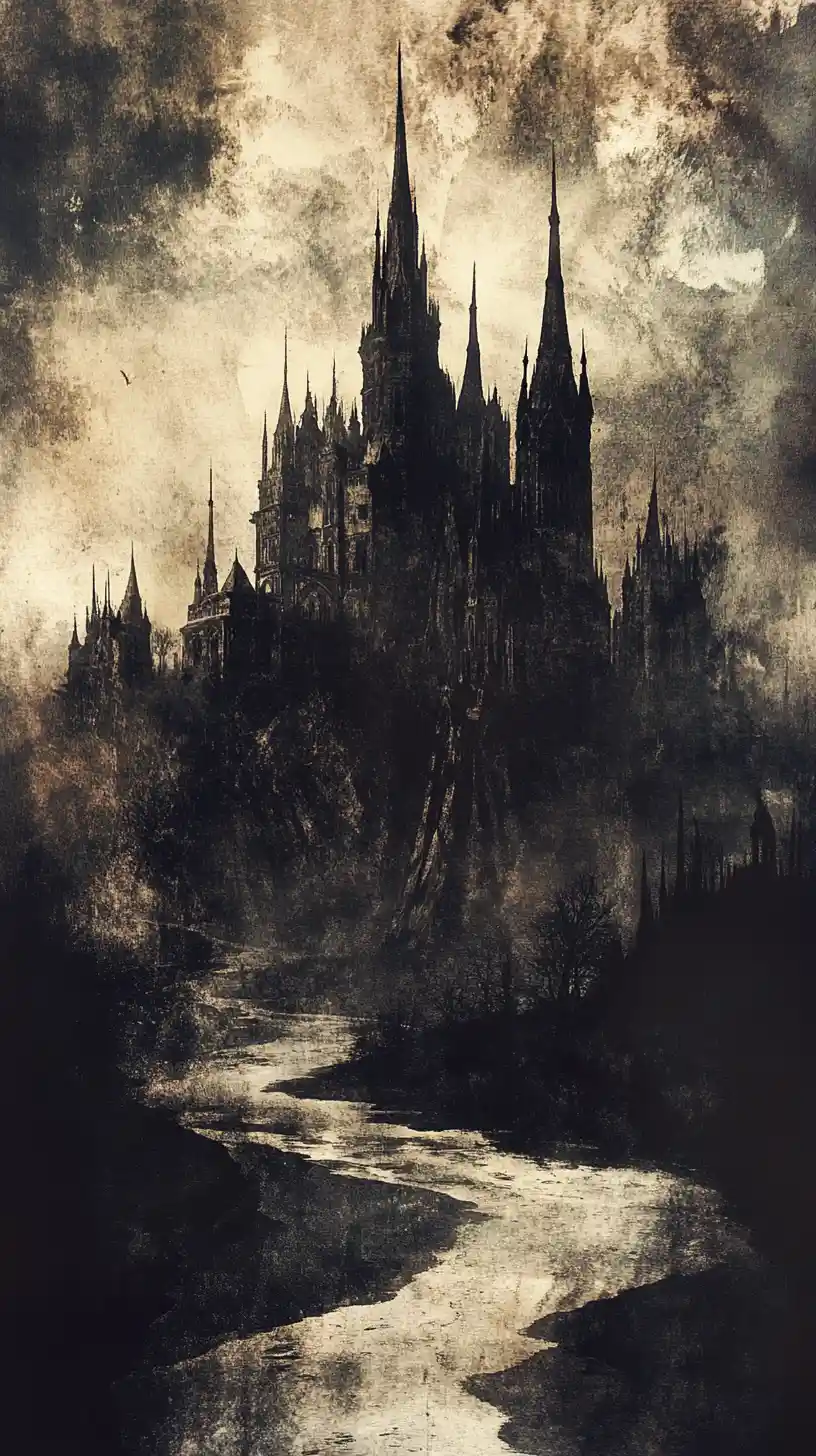 Château Gothique en Aquarelle au-dessus d’une Rivière Sombre et Sinueuse