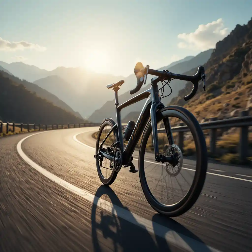 Close up bicycle speeding along a winding mountain road
