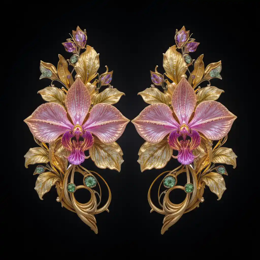 Boucles d’oreilles orchidée en or avec pierres précieuses roses et violettes