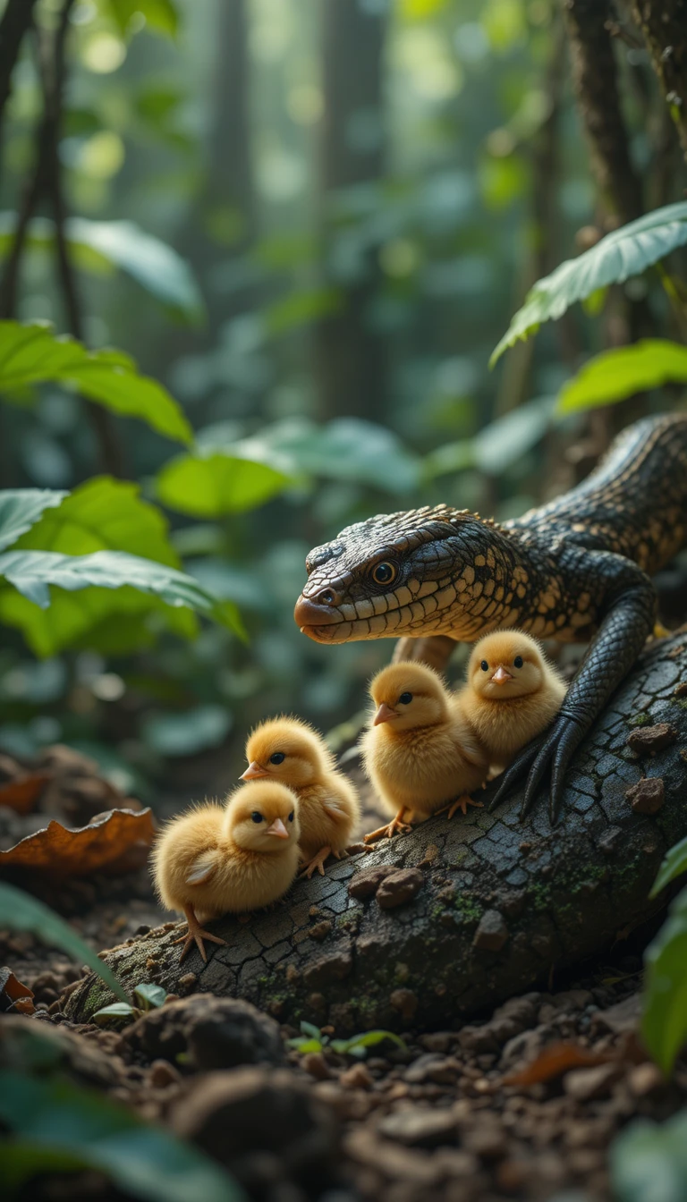 Mother hen defending chicks from snake under jungle tree