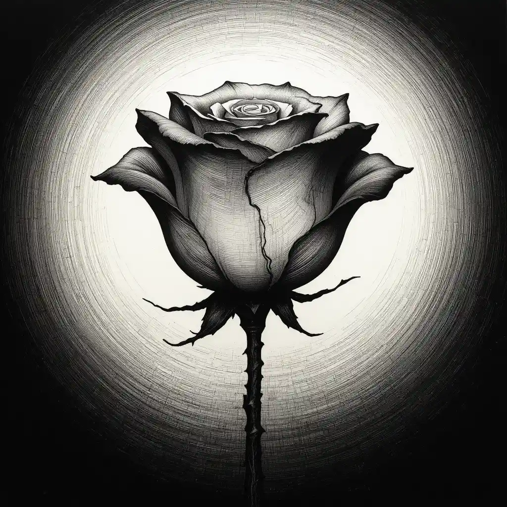 Grabado minimalista de rosa blanca sobre fondo negro profundo