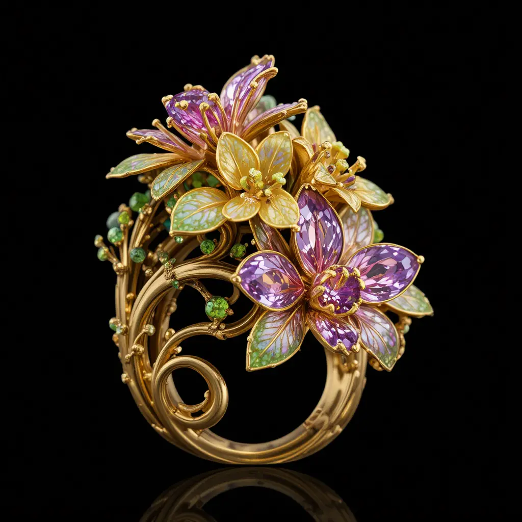 Goldener floraler Edelsteinring vor schwarzem Hintergrund