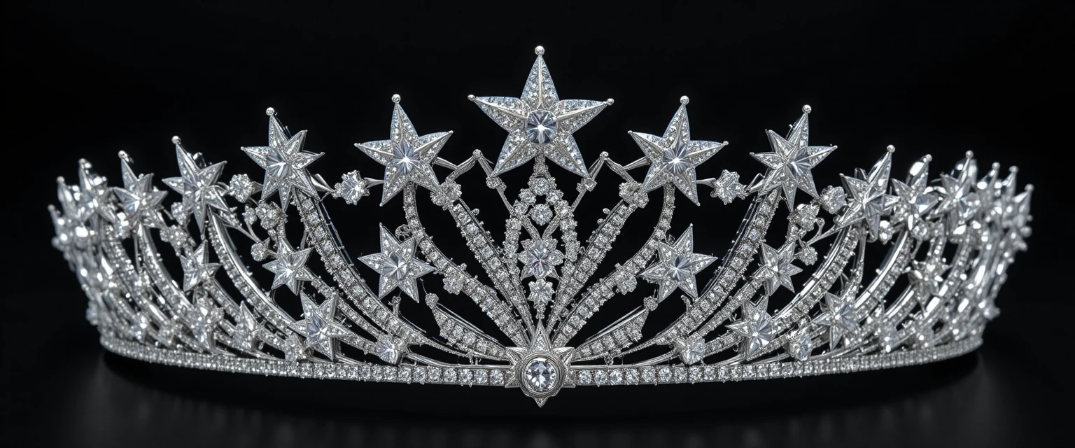 Tiara aus Weißgold mit Diamantsternen vor schwarzem Hintergrund