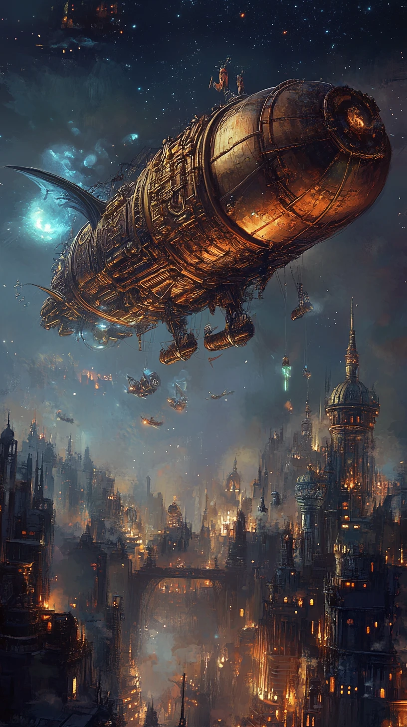 Enorme dirigível medieval com dragão sobre cidade de magia punk
