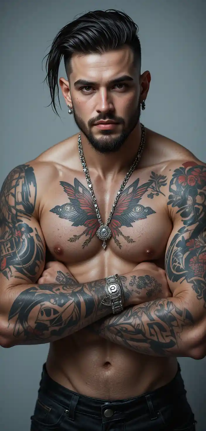 Homem musculoso e brincalhão com piercing no nariz e braços tatuados