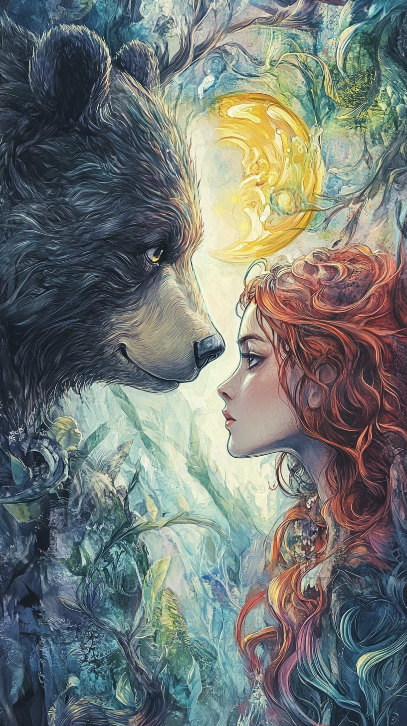 Girl and bear almost touching noses in fantasy landscape