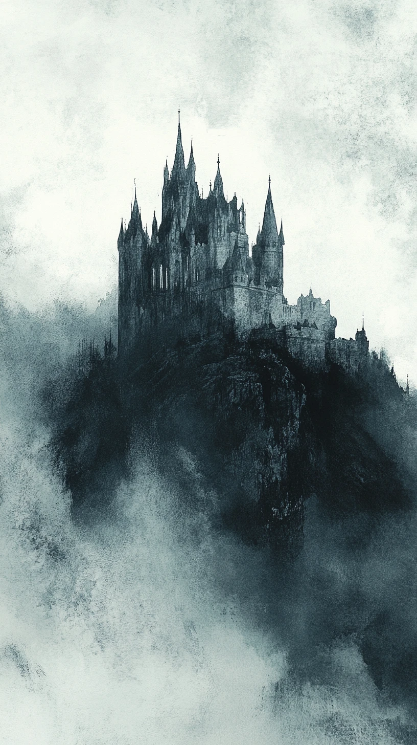 Castelo Gótico em Colina Rochosa em Aquarela Nebulosa