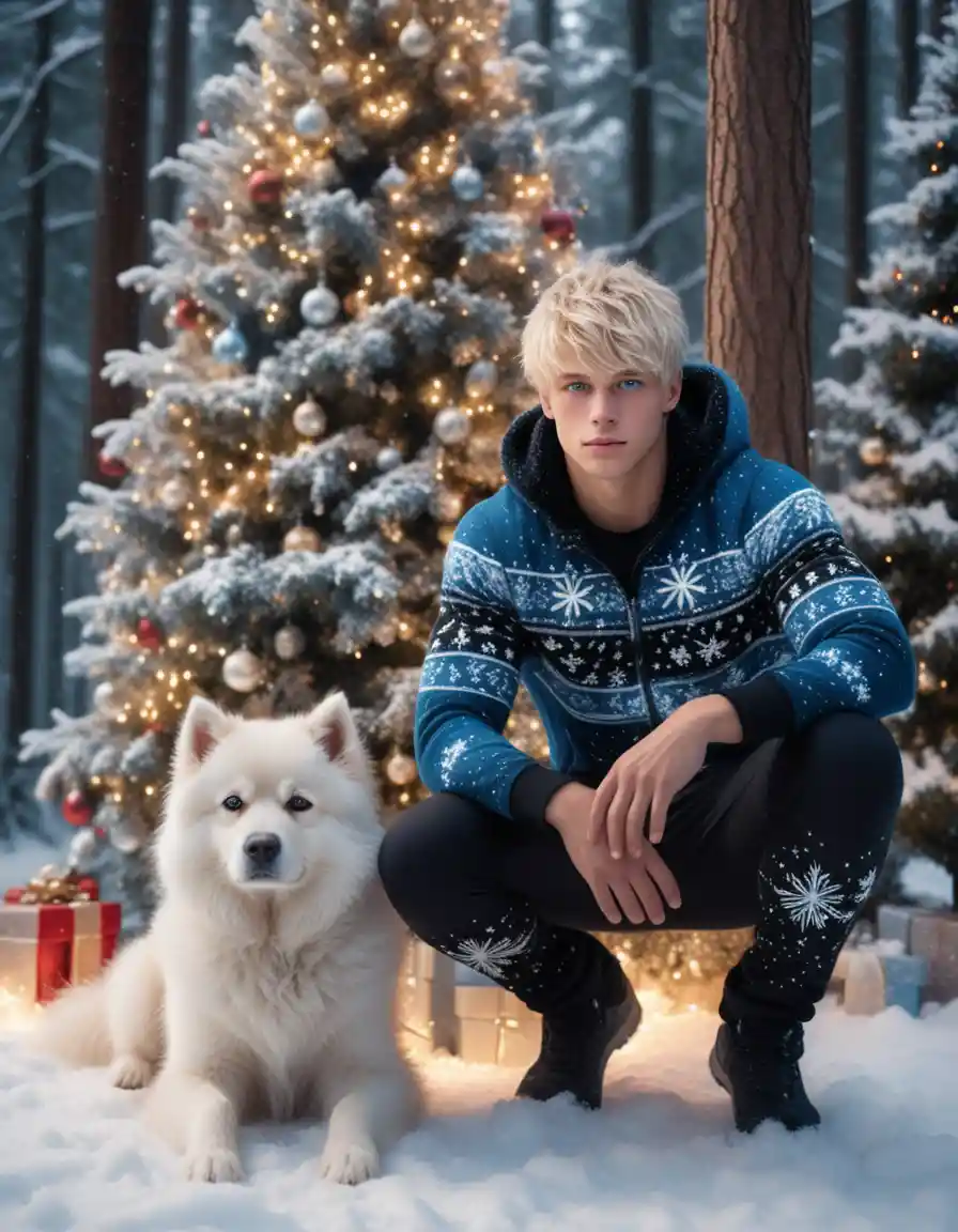 Jeune homme blond accroupi près d’un sapin de Noël enneigé