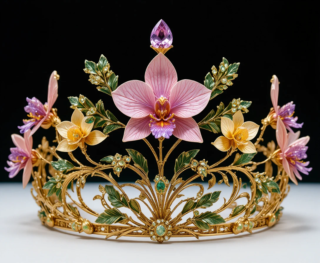 Goldenes Diadem mit Orchideen-Edelsteinen vor schwarzem Hintergrund
