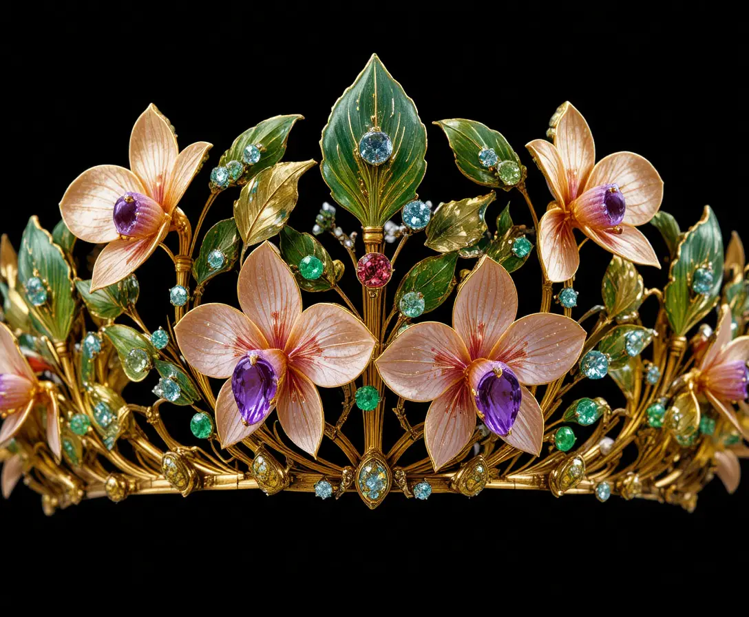 Goldene Tiara mit Orchideen-Edelsteinen vor dunklem Hintergrund
