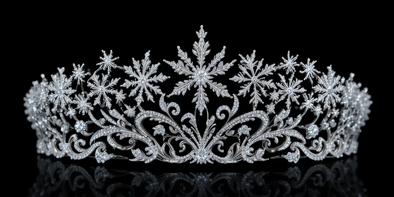 Tiara aus Weißgold mit Diamant-Schneeflocke und Opal-Wellen-Design