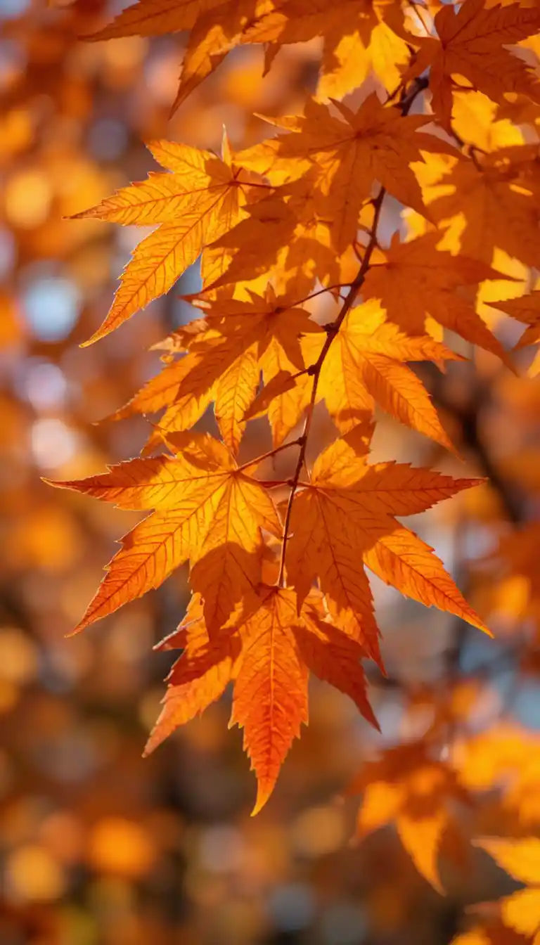 Nahaufnahme leuchtender herbstlicher Ahornblätter im Sonnenlicht