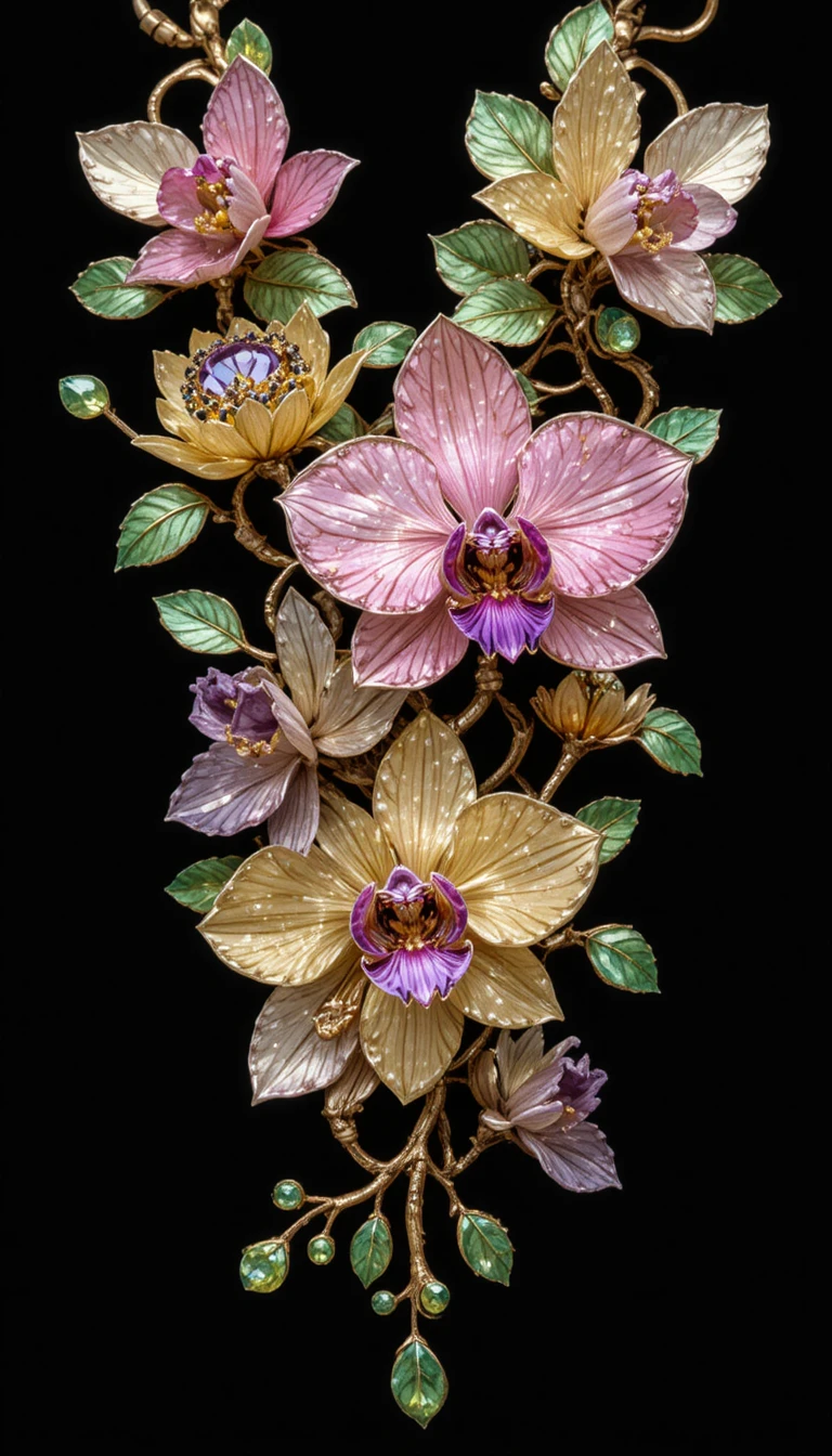 Colar de orquídea com pedras preciosas em fundo preto