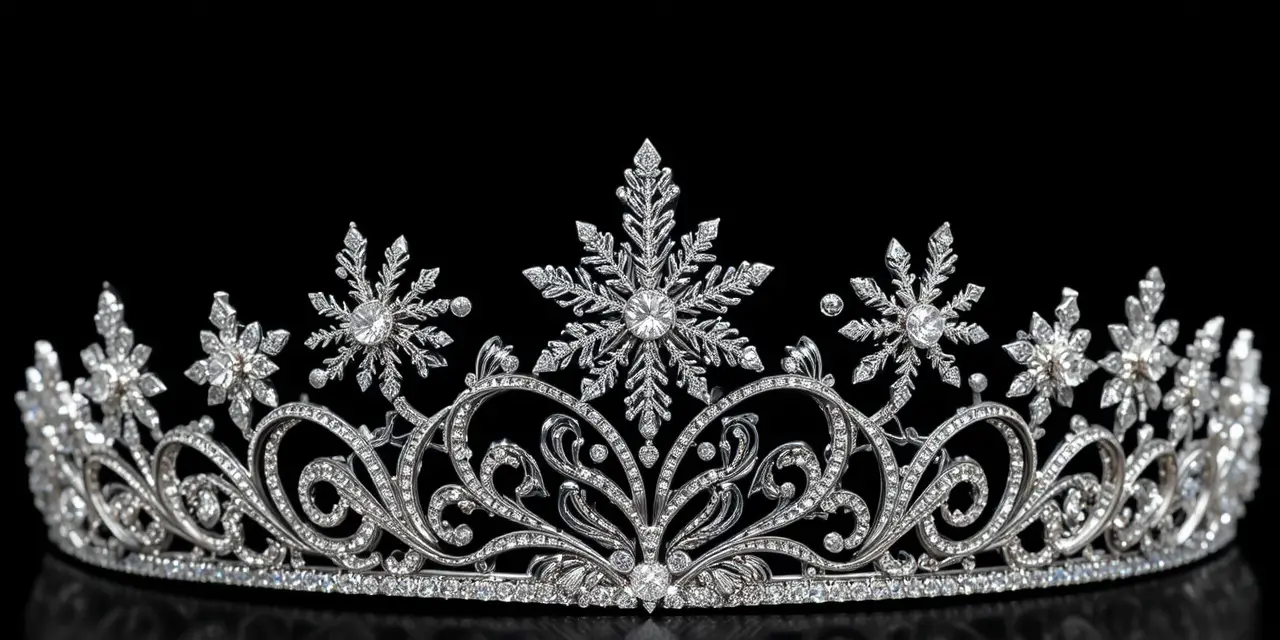 Tiara aus Weißgold mit Diamant-Schneeflocken auf schwarzem Hintergrund