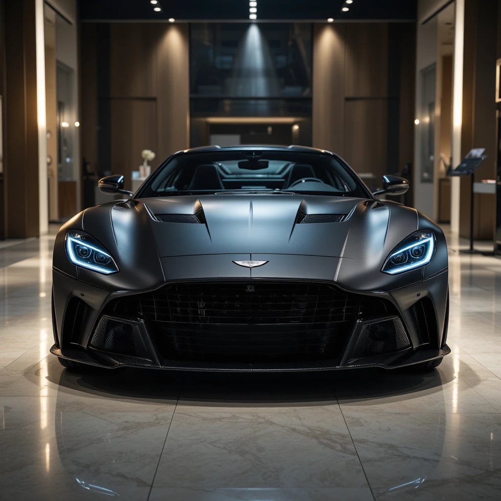 Supercar hybride noir mat dans un showroom de luxe intérieur