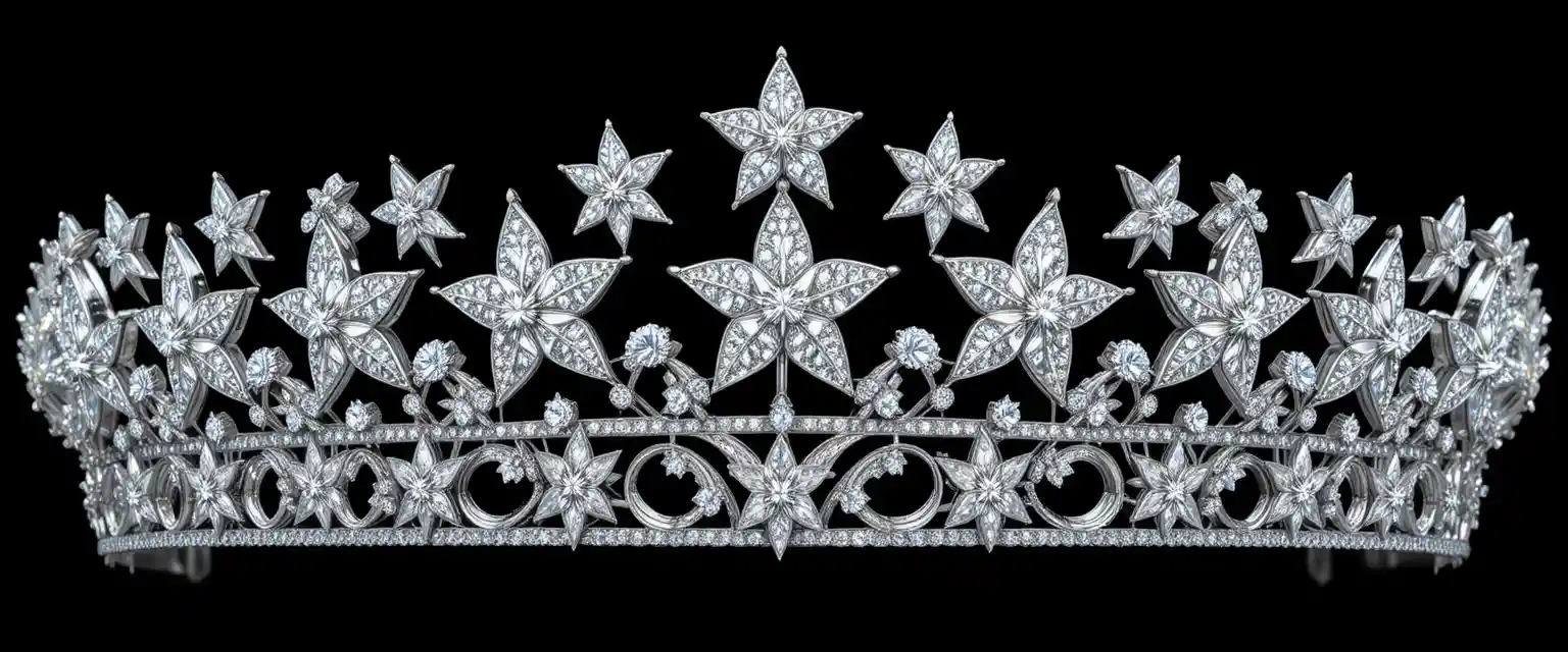 White gold tiara with diamond stars on black background