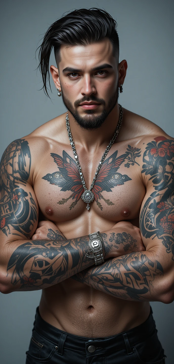 Uomo muscoloso e giocoso con piercing al naso e braccia tatuate