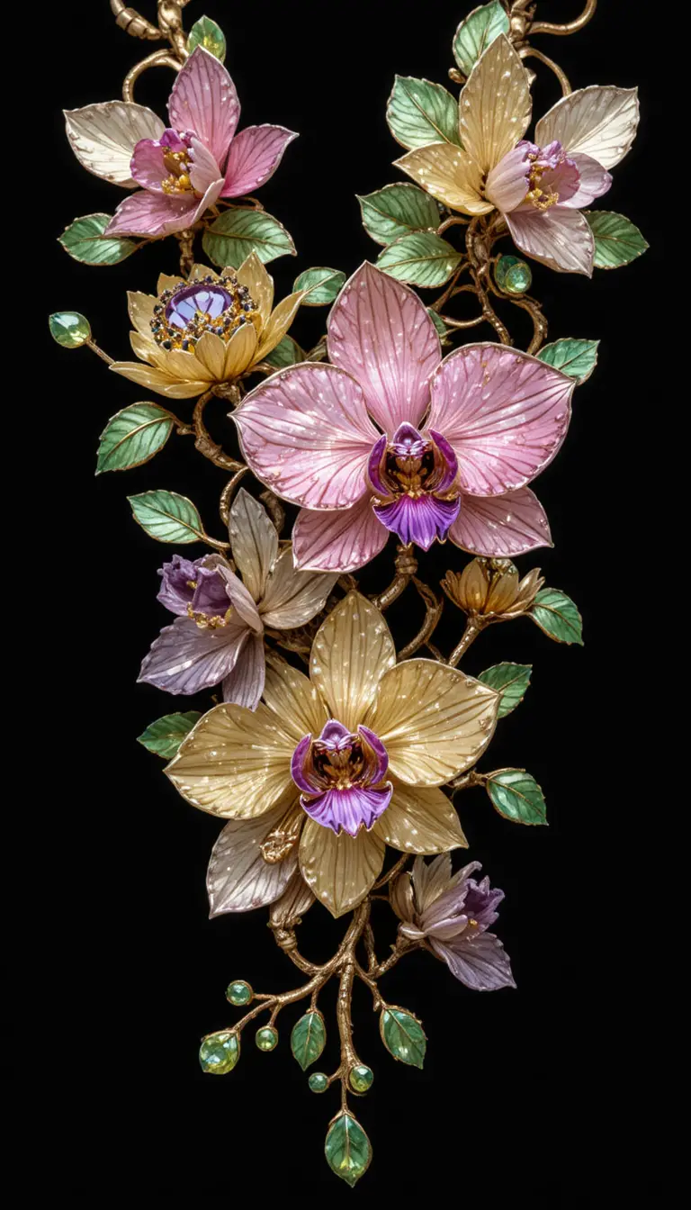 Goldene Orchideen-Edelsteinkette vor schwarzem Hintergrund