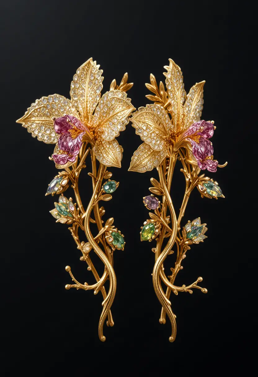Goldene Orchideen-Ohrringe mit bunten Edelsteinen vor schwarzem Hintergrund