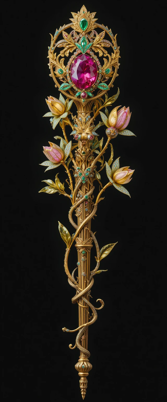 Sceptre de tulipe sertie de pierres précieuses avec manche doré orné sur fond noir