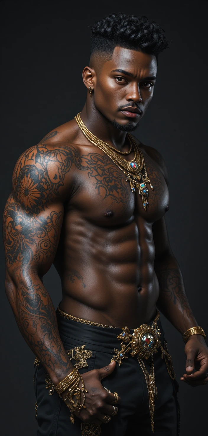 Pose agressiva de homem negro musculoso com piercing no nariz
