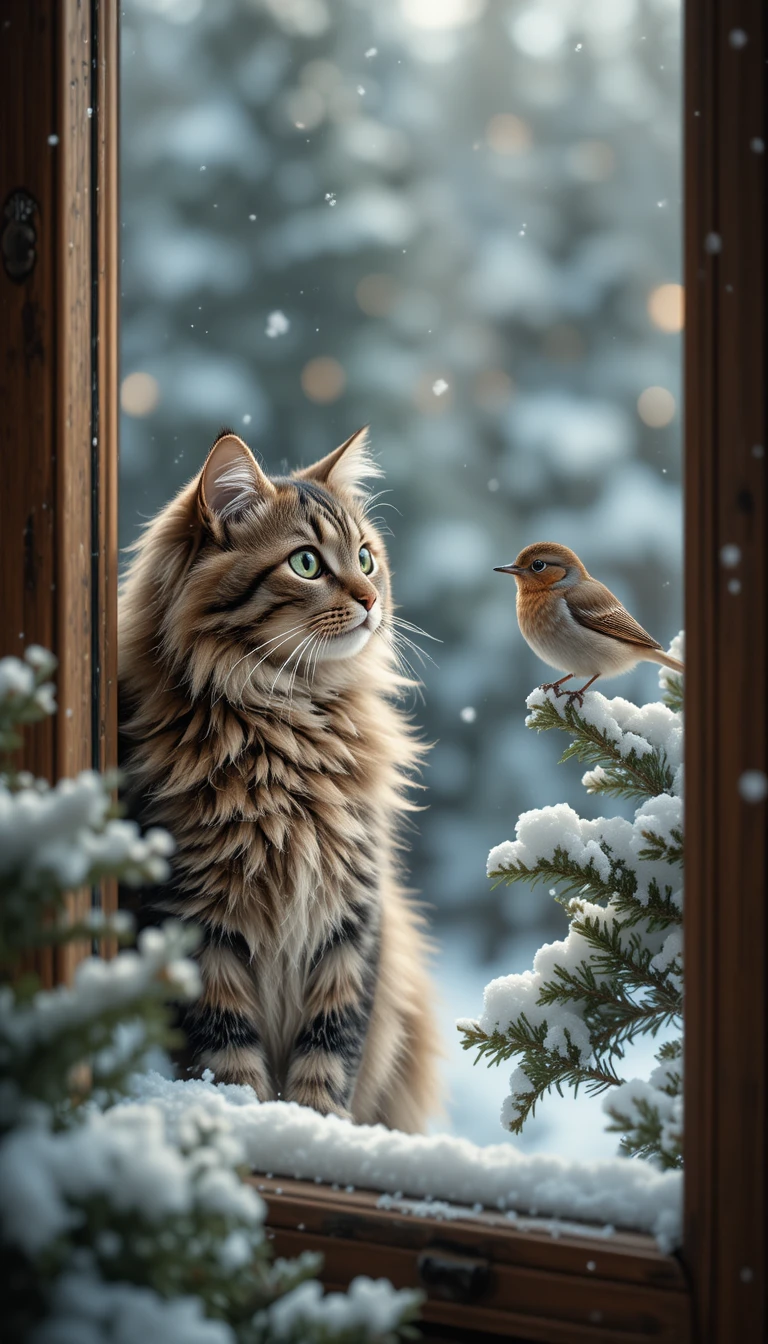 Gato tigrado curioso observando um pequeno pássaro na neve de inverno