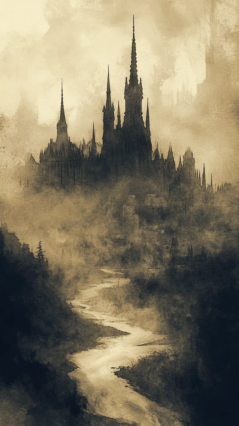 Castelo gótico em aquarela sépia às margens de um rio sinuoso