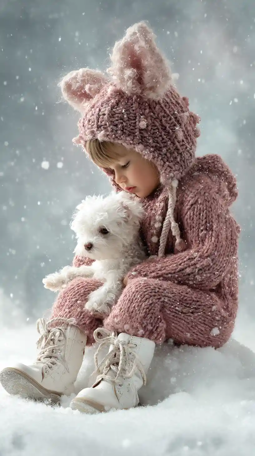 Bambina in tutina di maglia che coccola un barboncino nella neve