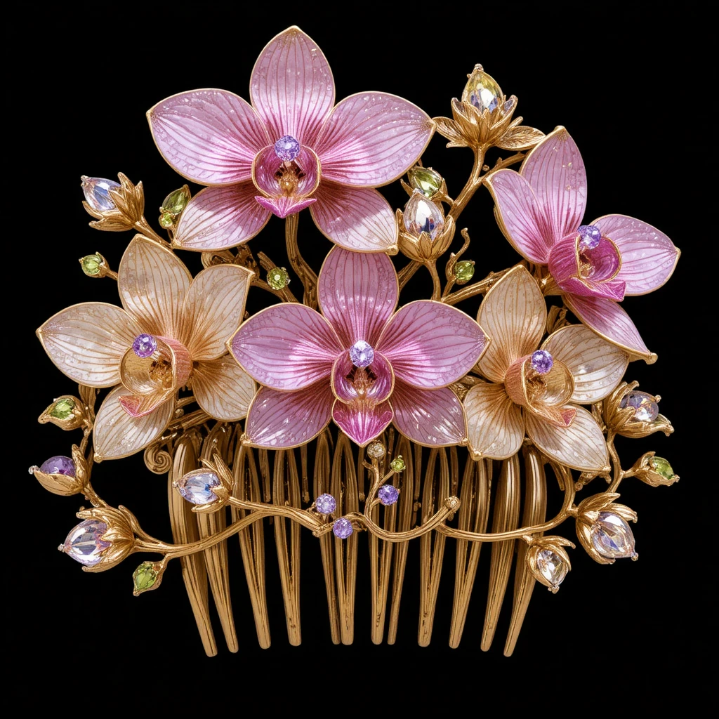 Gold orchid hair comb with colorful gemstone flowers