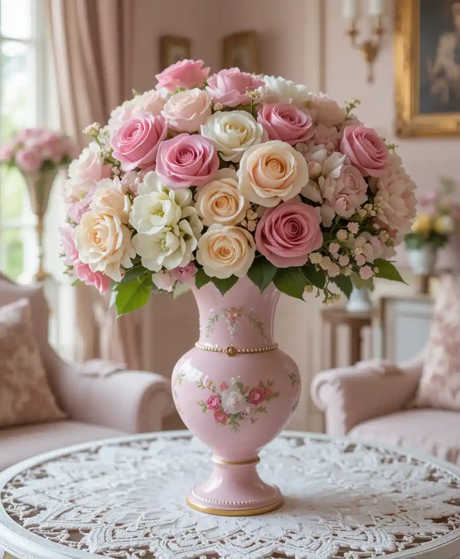 Pink victorian bouquet vase on lace table in living room