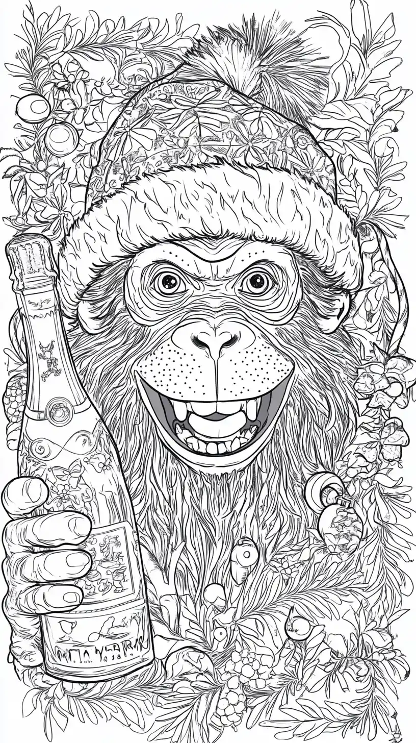 Lächelnder Weihnachtsaffe Ausmalbild mit festlichen Details