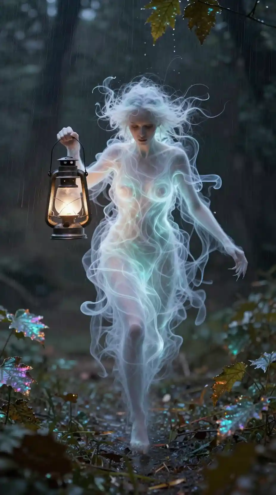 Espírito brilhante com lanterna em um bosque de fantasia chuvoso