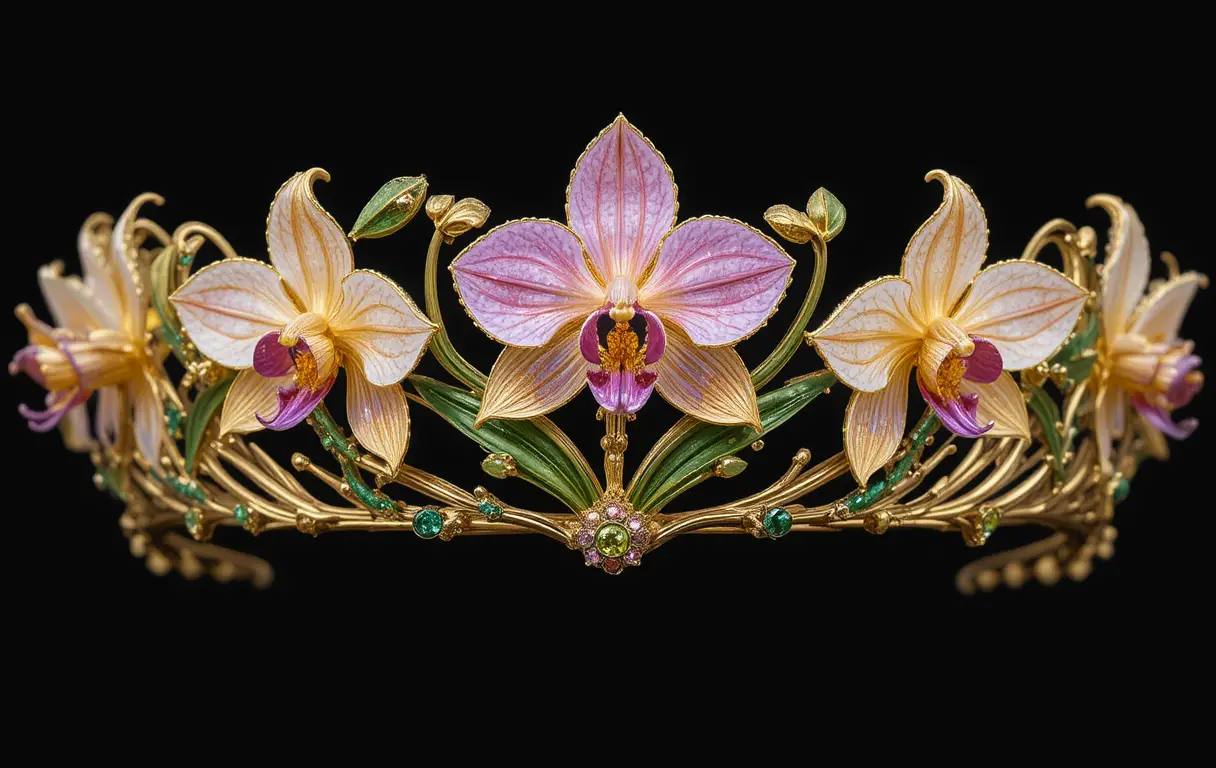 Goldene Tiara mit Edelstein-Orchideen vor schwarzem Hintergrund