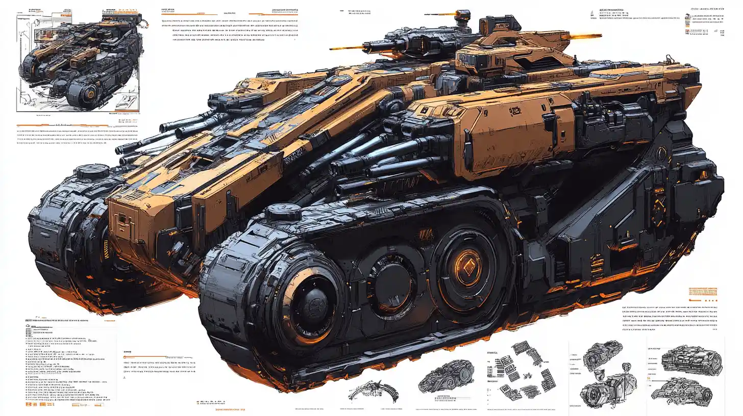 Futuristic heavy battle tank blueprint with triple angle view
