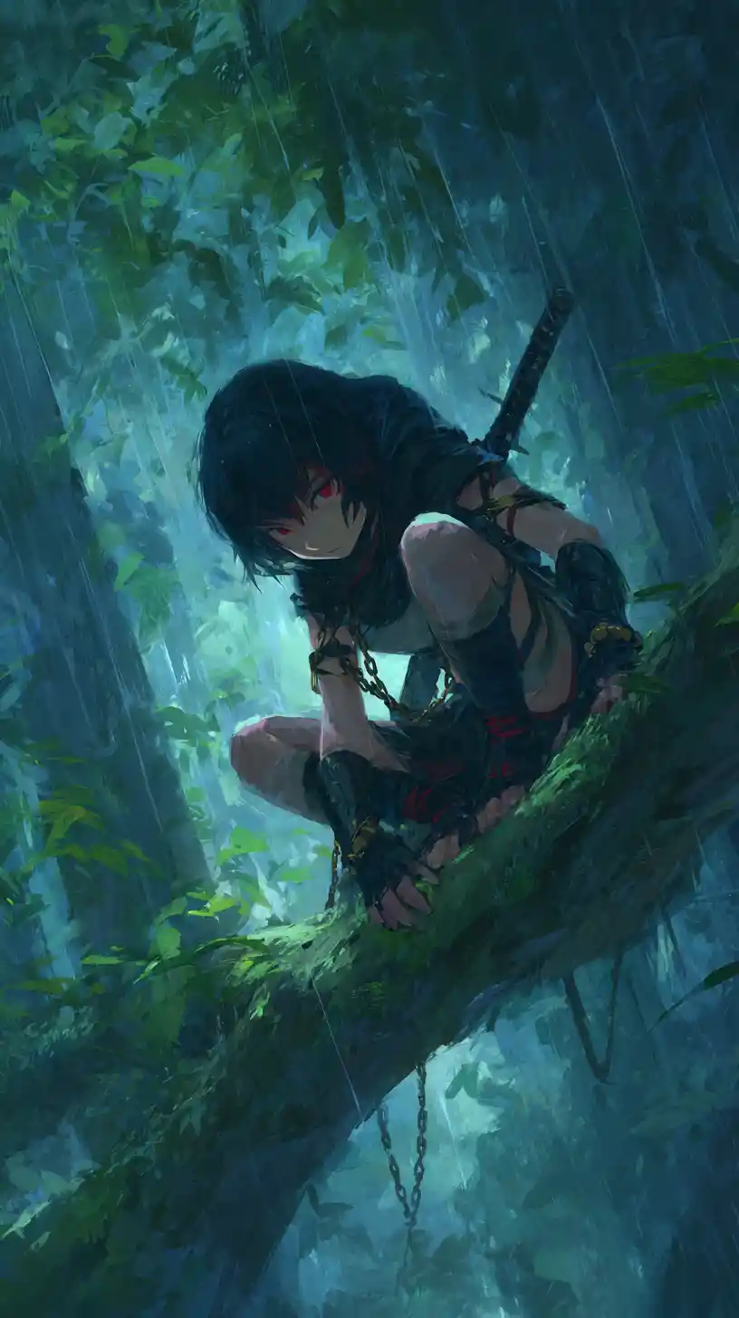 Anime warrior woman on a rainforest tree in heavy rain
