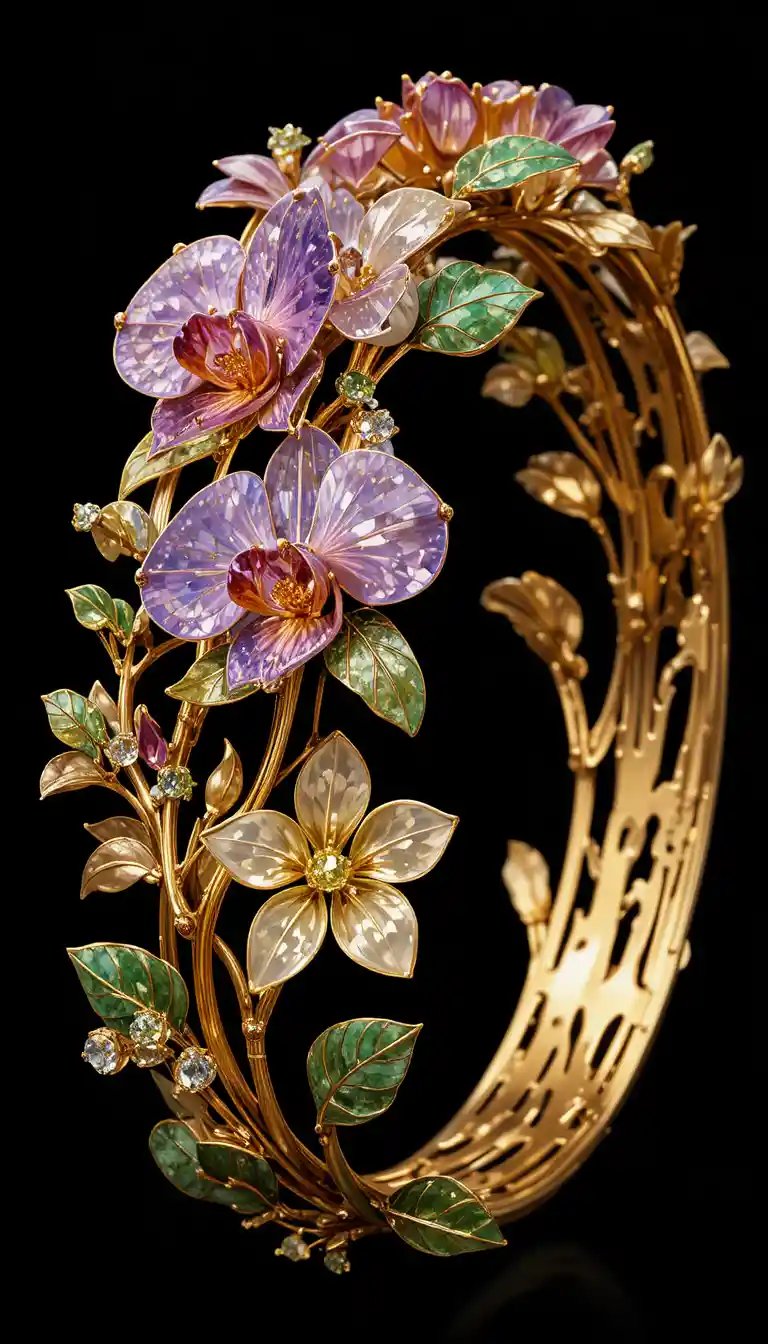 Goldarmband mit Orchideenmotiv und bunten Edelsteinblüten
