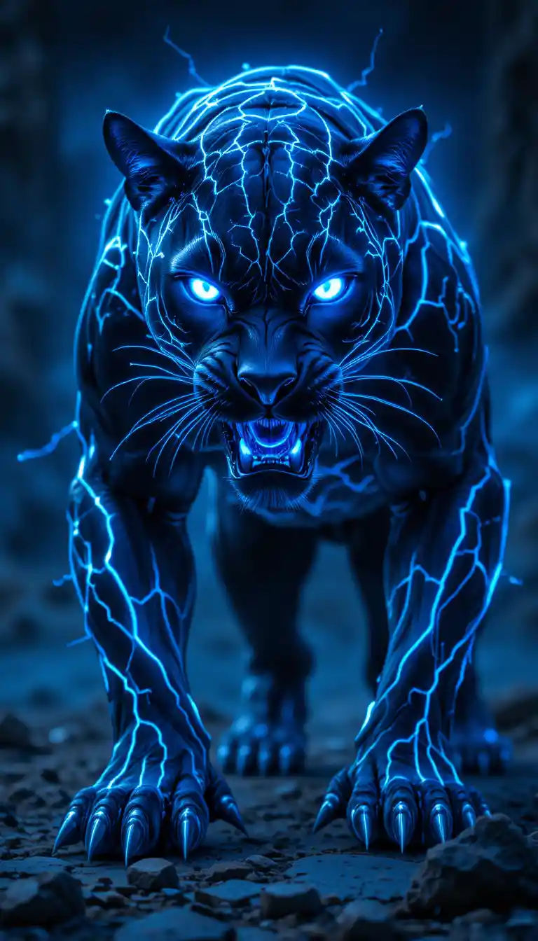 Panthère bleu électrique façon anime rôdant dans le vide sombre