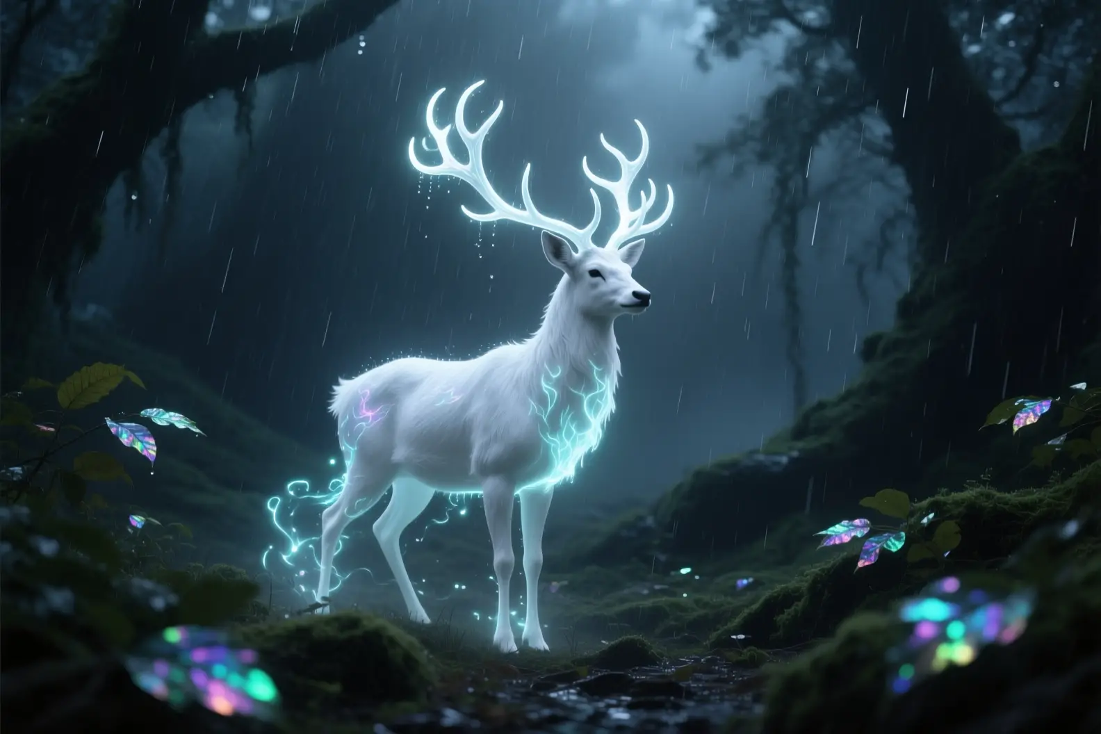 Cerf blanc majestueux dérivant dans une forêt fantastique et mystique