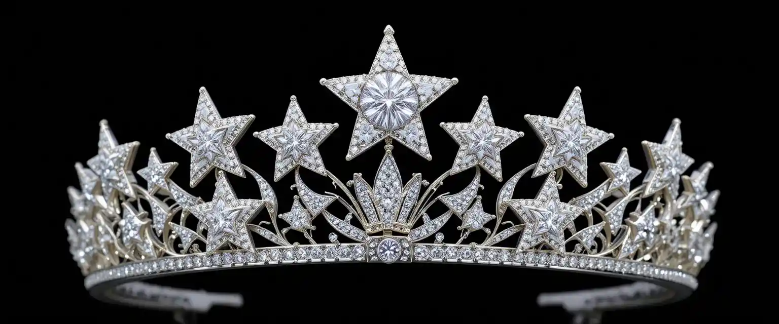 Weißgold-Tiara mit Diamantsternen vor schwarzem Hintergrund