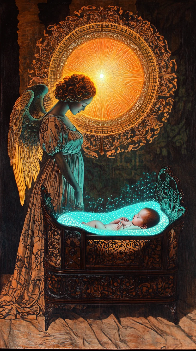 Guardian angel watching over a baby in fantasy nursery