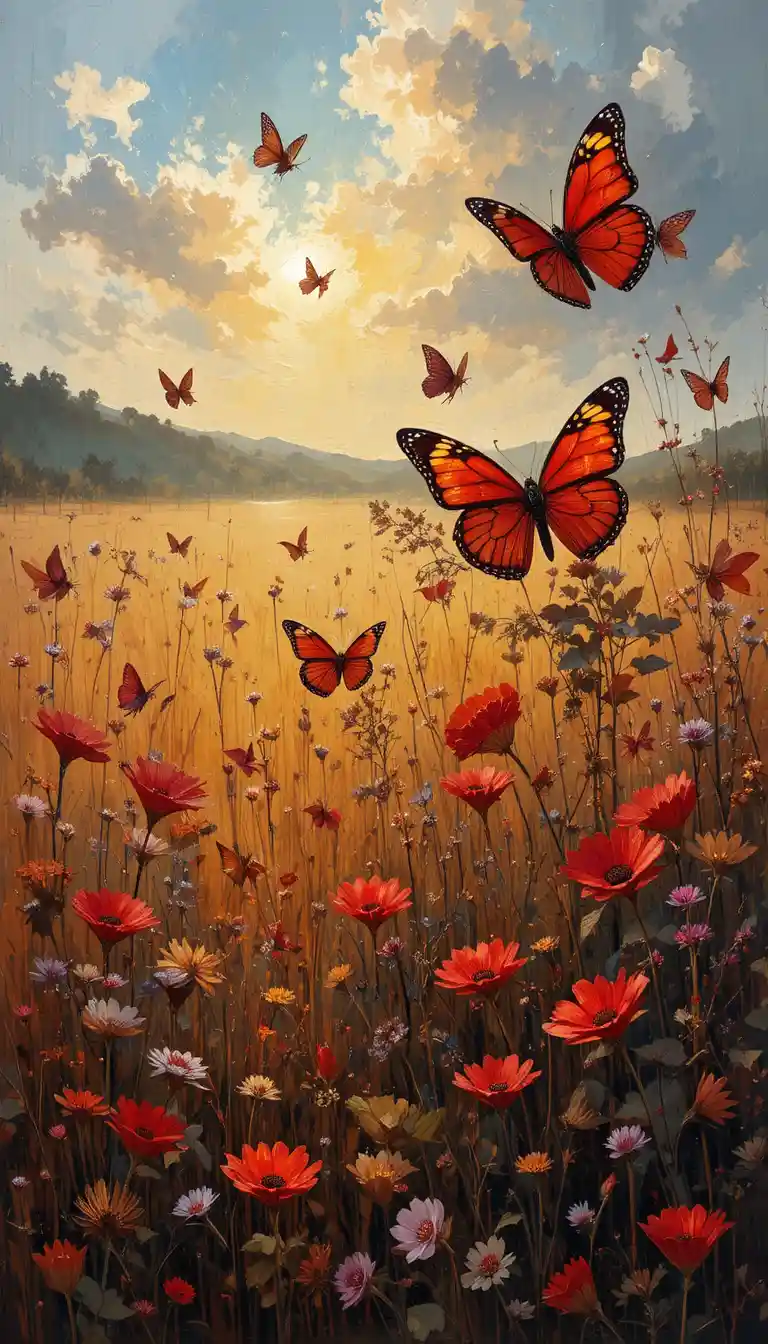 Mariposas rojas en un campo dorado pintado en impasto