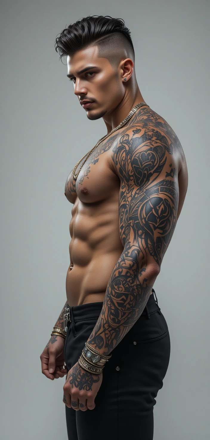 Homem musculoso com bling, piercing no nariz e braços tatuados
