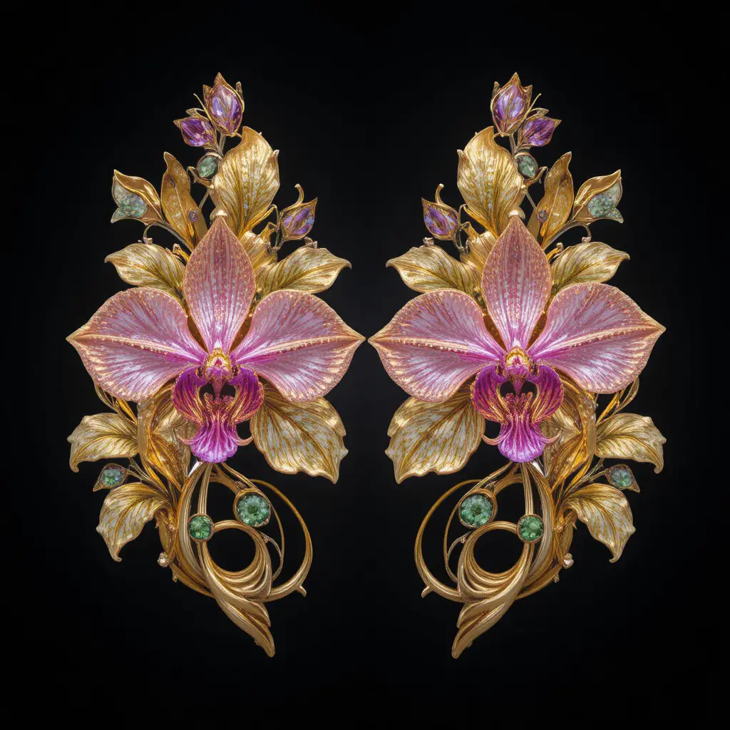 Goldene Orchideen-Ohrringe mit Edelsteinen in Pink und Violett