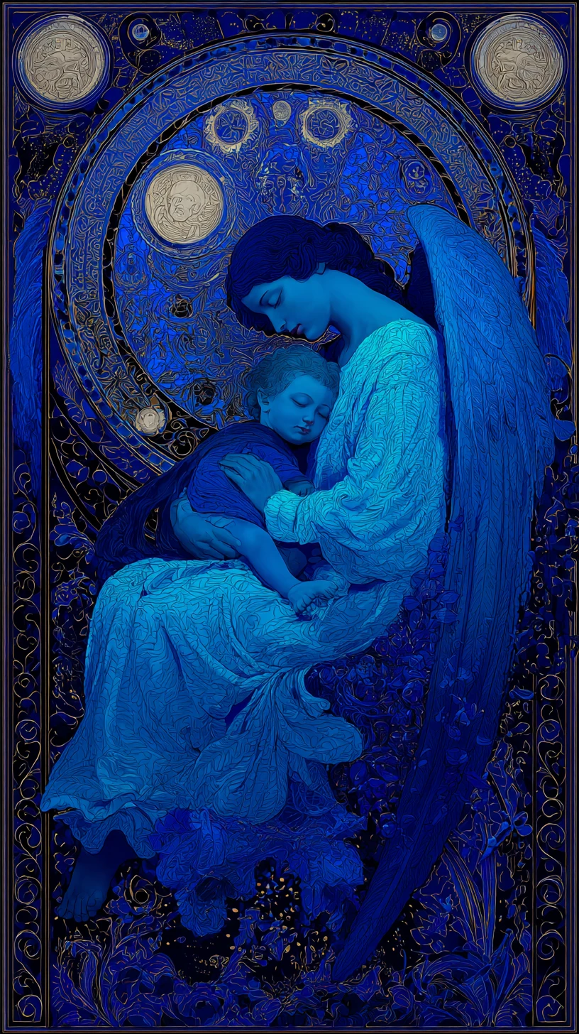 Guardian angel watching over a sleeping child at night