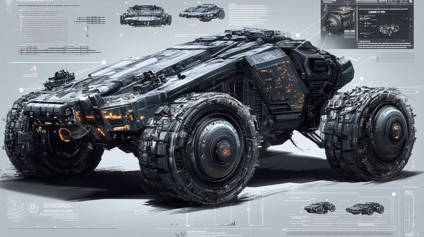 Veículo de batalha blindado futurista – design técnico em múltiplos ângulos